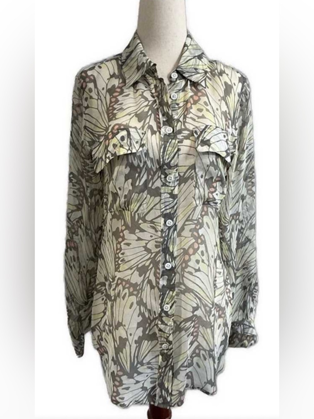 Equipment Femme Sheer Silk Butterfly Print Blouse Medium | Designer 100% Silk